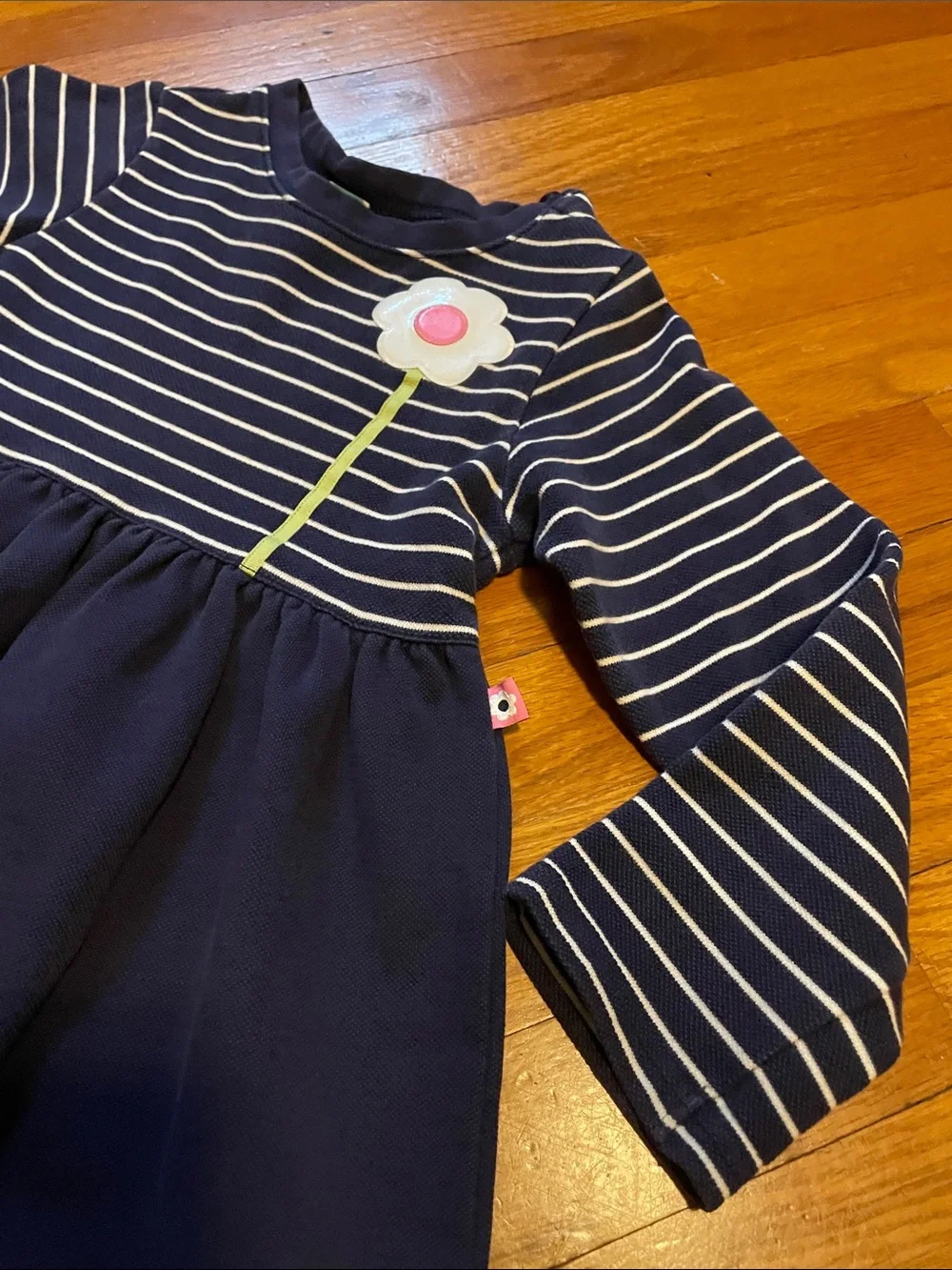 Y2K Gymboree Girl 6 Navy & White Striped Long-Sleeve Dress with Flower Appliqué